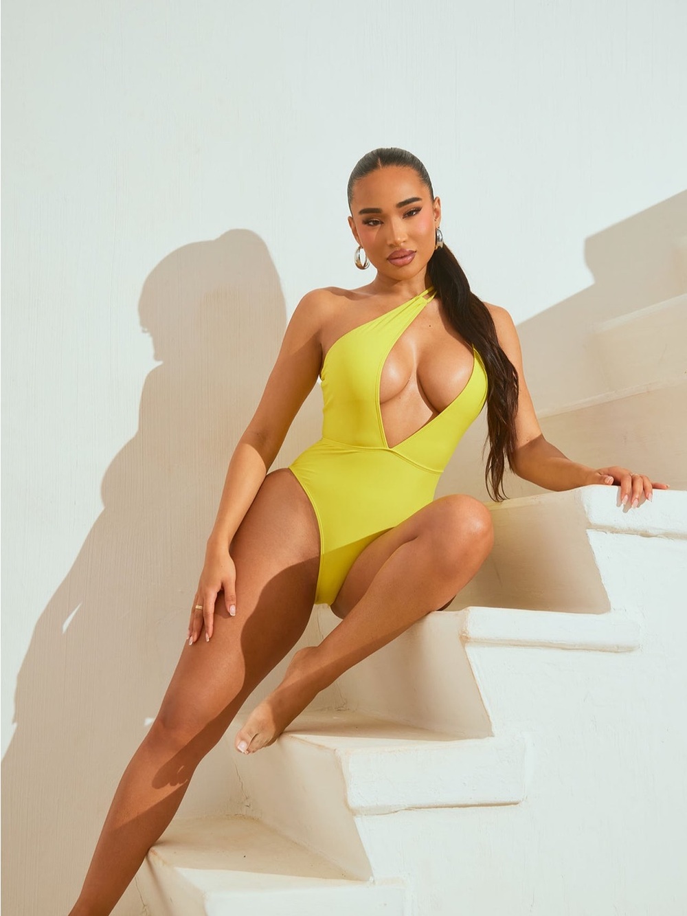 Fashion Nova One-Shoulder Bright Yellow Cut-Out Swimsuit